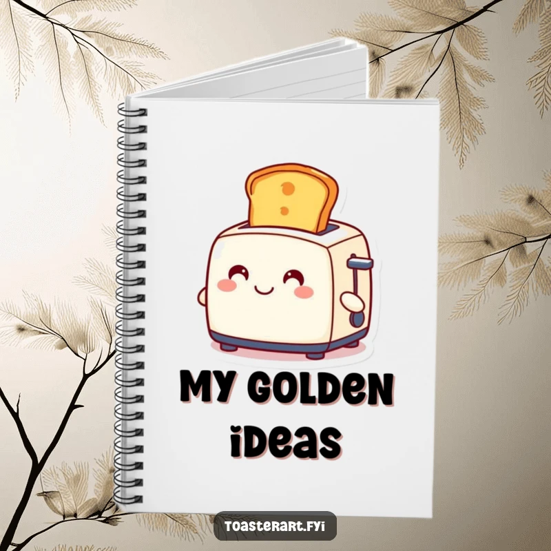Funny notebook cover with a smiling toaster character ejecting a golden slice of toast, perfect for jotting down notes.