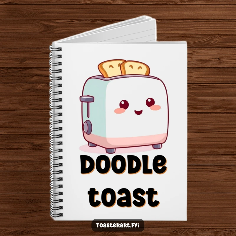 Funny notebook cover with a happy toaster and toast shaped into funny forms, perfect for jotting notes.