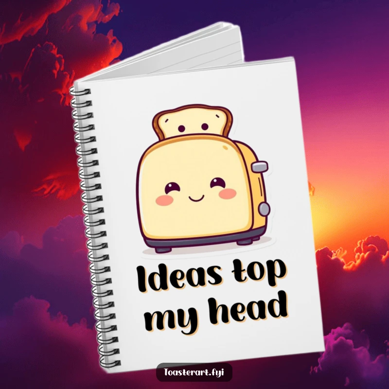 Funny notebook with a smiling toaster character wearing toast as a hat, perfect for jotting down ideas with flair.