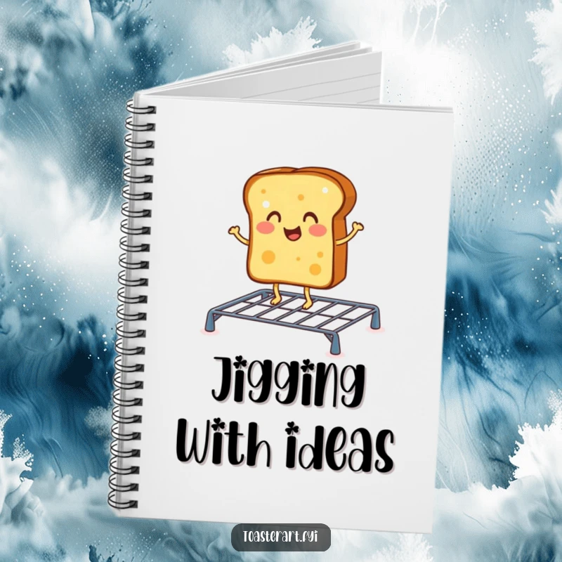 Funny notebook with a cheerful toast character doing a jig on a toasting rack, for jotting down happy thoughts.