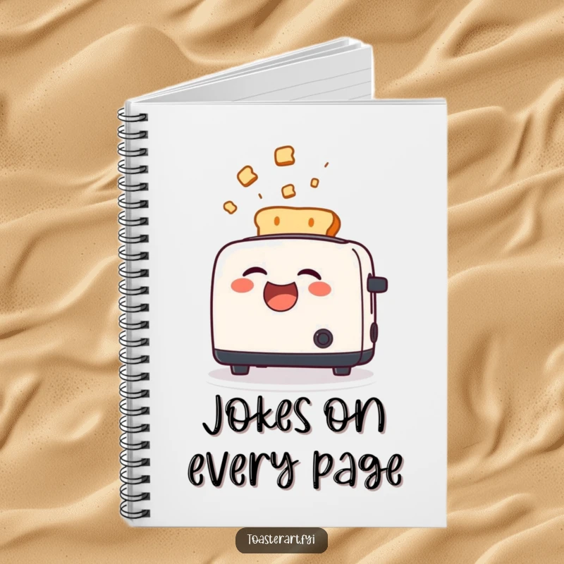 Funny Notebook cover with a laughing toaster character during a toast ejection, inspiring funny notes and humor.