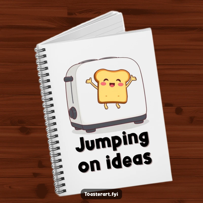 Funny notebook with a delighted bread slice character bouncing on a toaster lever, perfect for jotting down ideas with energy.
