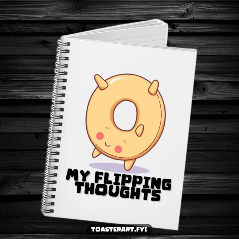Funny notebook with a smiling bagel performing a backward somersault, designed for jotting down ideas with a dynamic and humorous cover.