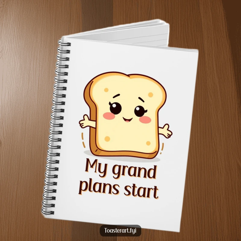 Funny bread slice notebook featuring a winking character riding a piece of toast, ideal for note-taking with a touch of breakfast humor.