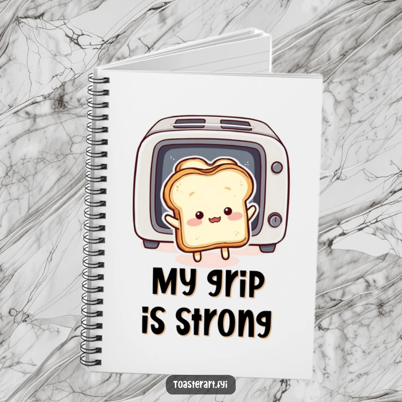 Funny Notebook: Fluffy bread slice character comically pushing toast back into a toaster, a humorous journal.