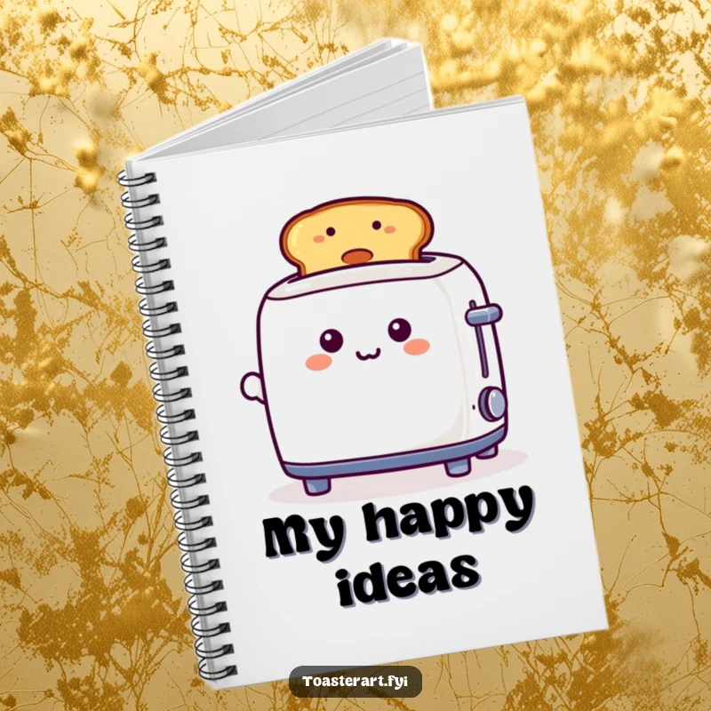 Funny, playful toaster character with a smiley toast on the cover of a notebook, ideal for jotting down happy thoughts.