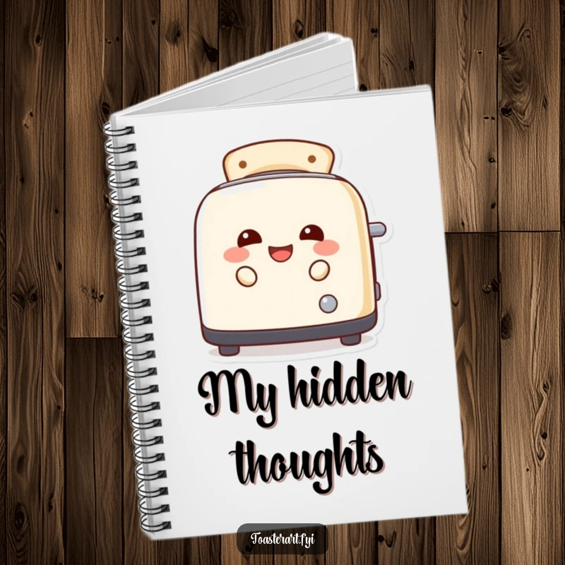 Funny, laughing toaster character peeking from toast slots on the cover of a notebook, encouraging humorous note-taking.