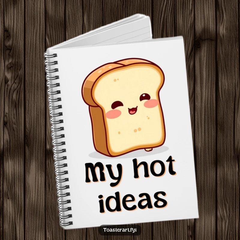 Funny notebook with a blushing bread slice character comically trying to toast itself on the cover. Ideal for notes and journaling.