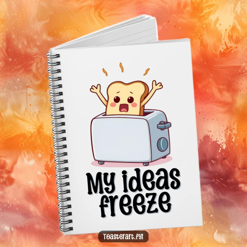 Funny notebook with a scared piece of toast comically frozen mid-air from a toaster, perfect for jotting down surprising thoughts.