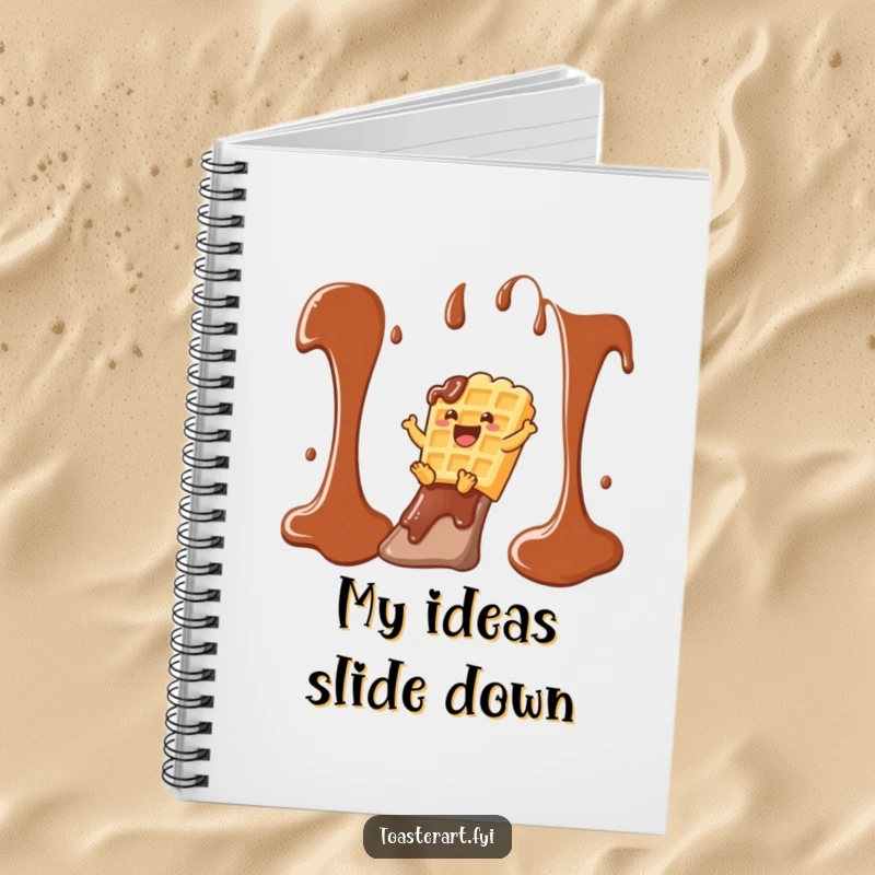 Funny waffle character sliding down a chocolate syrup slide on this notebook cover, a humorous design for note-taking.