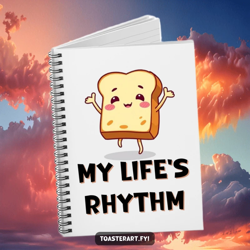 Funny notebook featuring a jovial toast slice doing an excited dance, symbolizing energy and creative expression.