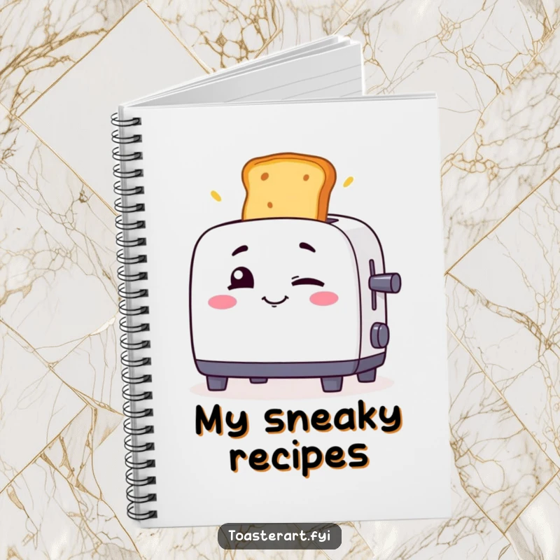 Funny toaster character winking as toast flies out on a notebook cover, a humorous and practical stationery item.