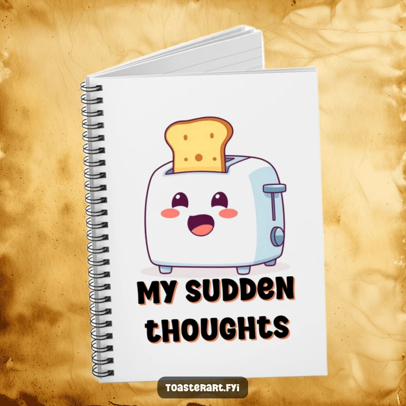 Funny Notebook: Cheerful toaster character ejecting toast with a surprised expression, great for jotting notes humorously.