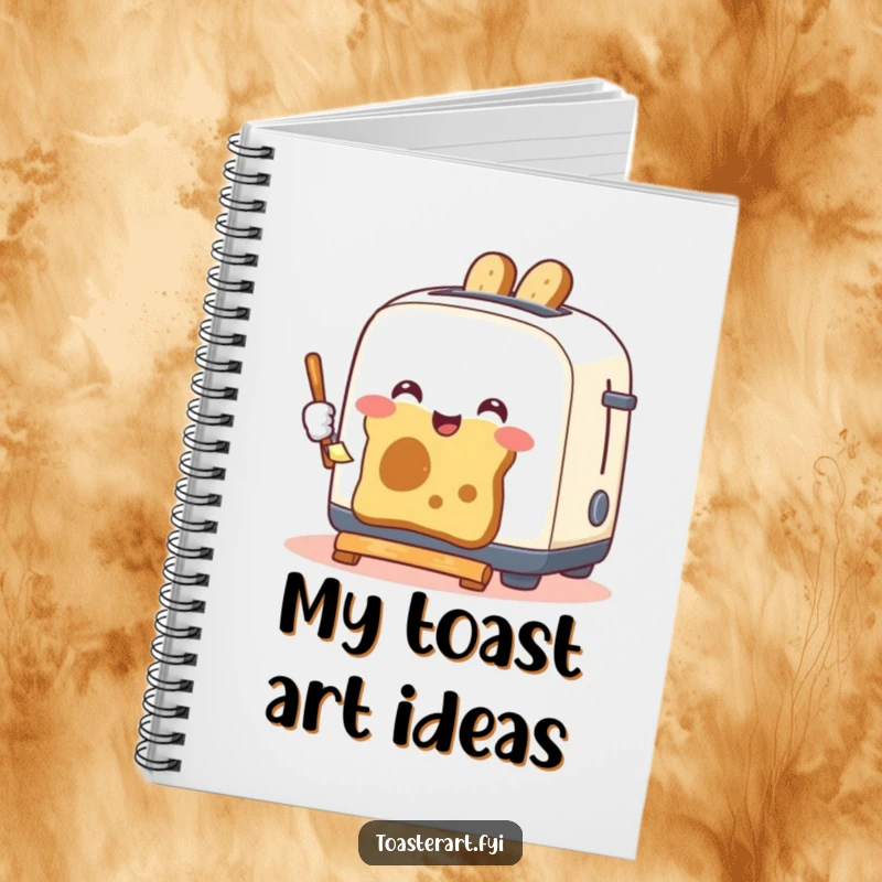 Funny notebook with a happy toaster artistically painting with toast, designed for jotting down ideas with a humorous, art-inspired cover.