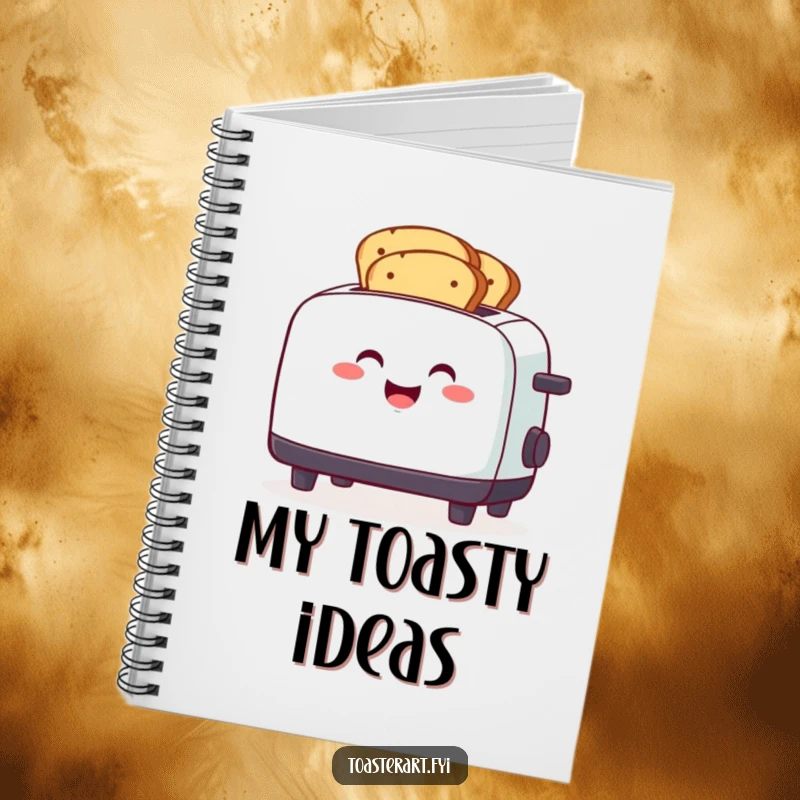Funny smiling toaster character toasting bread slices, a humorous notebook for kitchen notes.