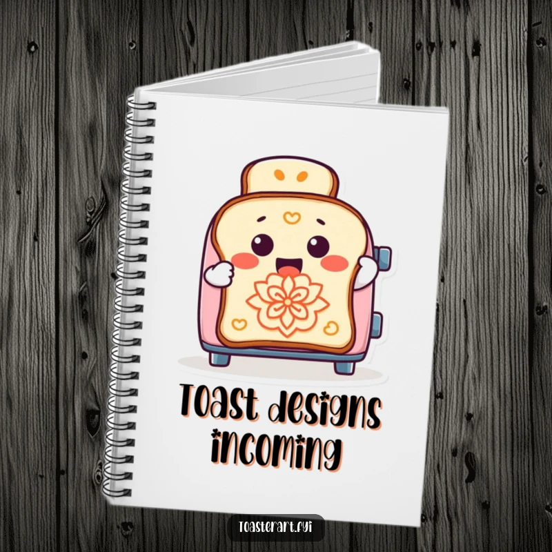 Funny notebook with a cheerful toaster character creating toast art, inspiring hilarious ideas and notes.