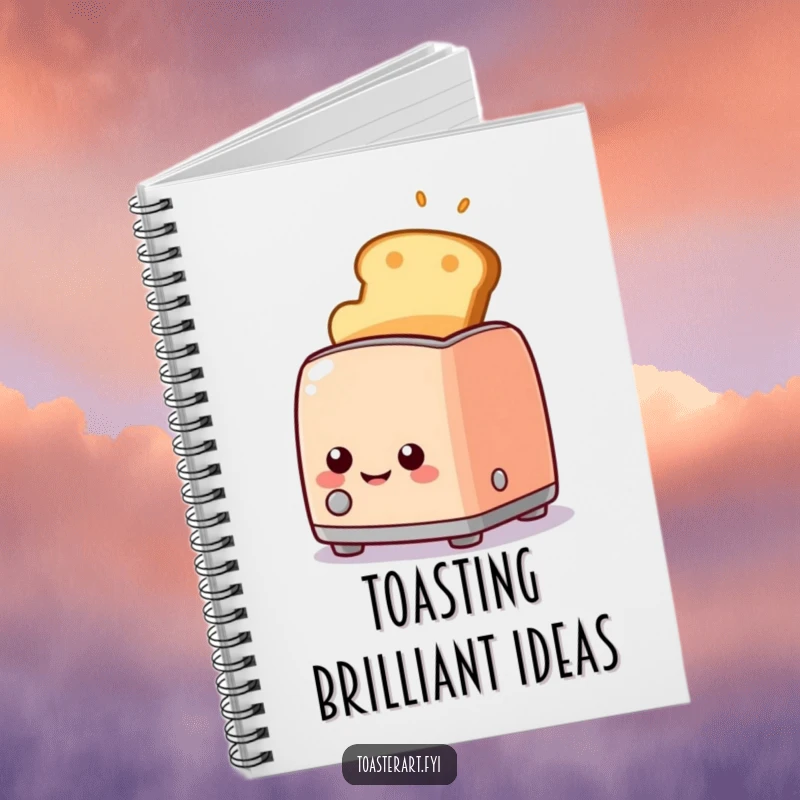 Funny smiling toaster character with golden toast, notebook cover, ideal for capturing cheerful thoughts and breakfast plans.