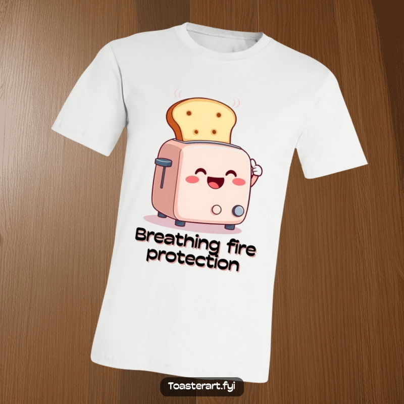 Funny t-shirt showing a smiling toaster character using a giant bread slice to fan away steam, a humorous depiction of relief.