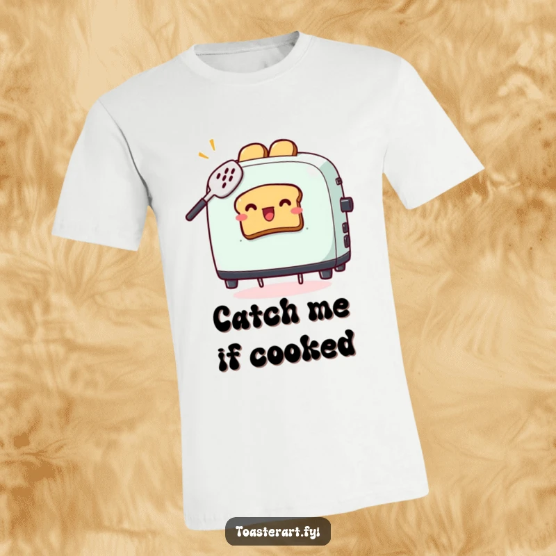 Funny T-Shirt depicting a toaster character comically trying to catch flying toast with a spatula, a scene of breakfast folly.