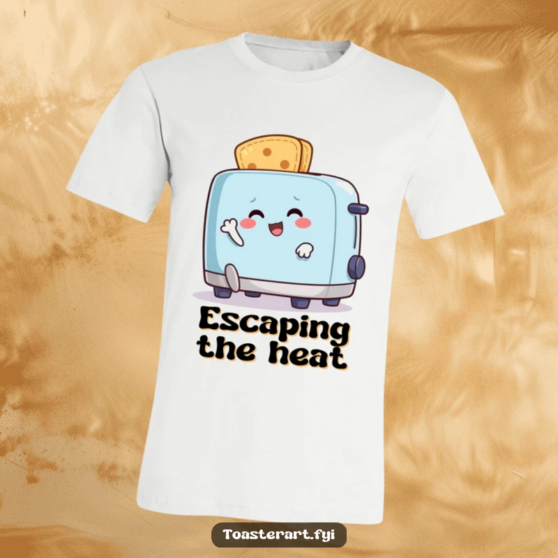 Funny t-shirt with a happy crumb character comically running from an animated toaster, symbolizing a funny breakfast chase.