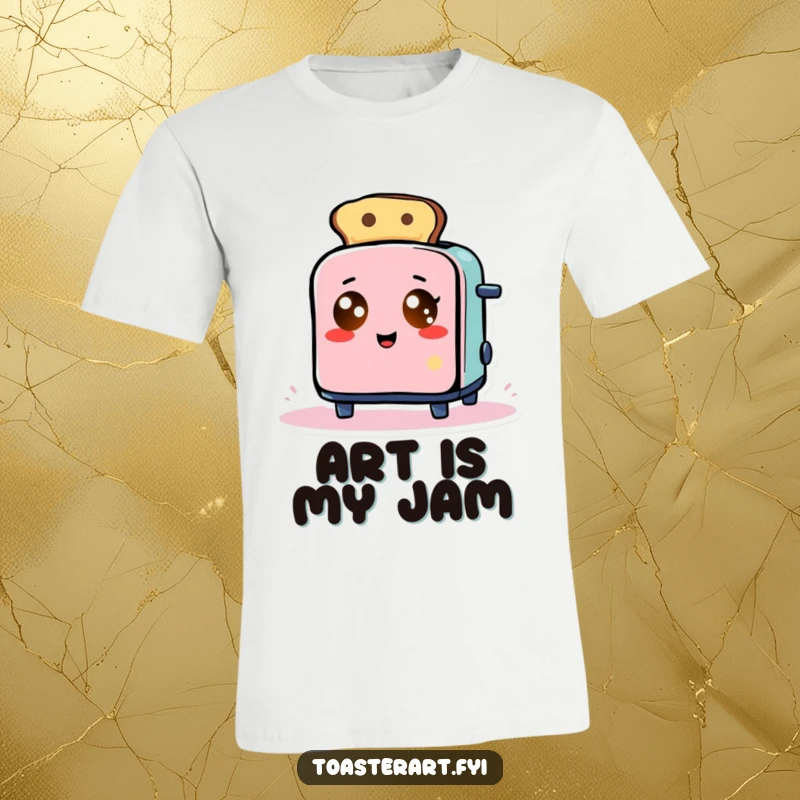 Funny T-Shirt: Toaster with glowing eyes comically makes abstract art using toast, a unique and humorous design.
