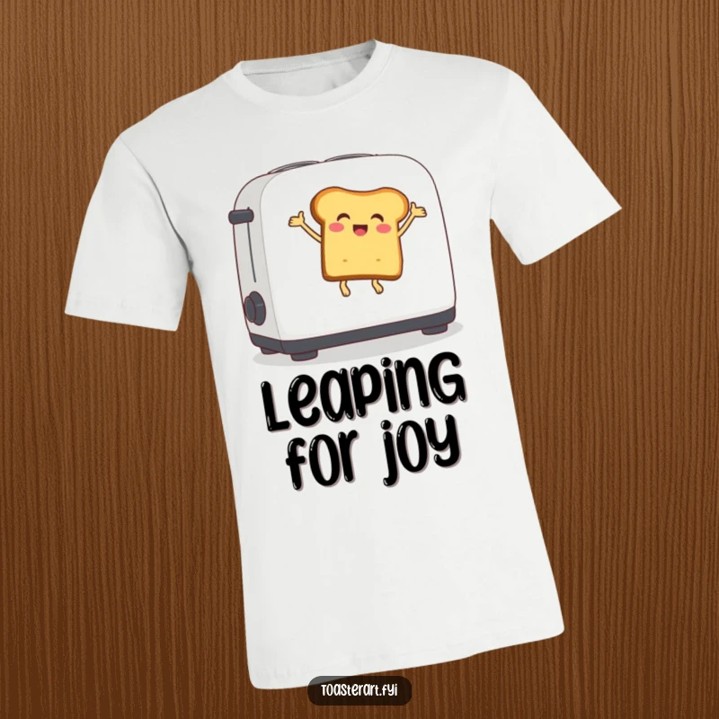 Funny t-shirt depicting a delighted bread slice character gleefully bouncing on a toaster lever, a whimsical breakfast scene.