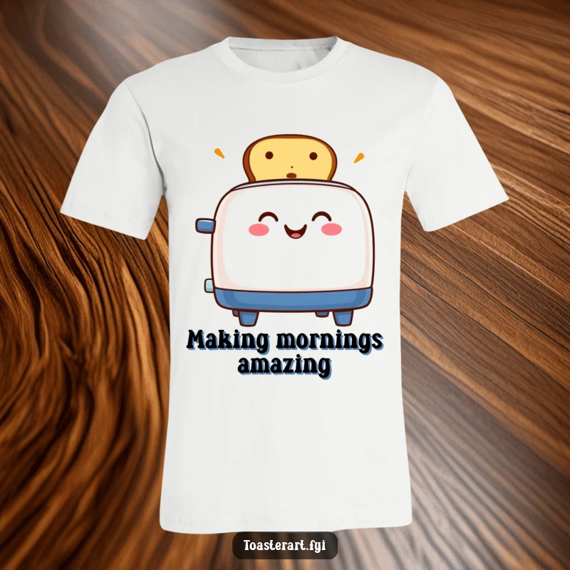 Funny t-shirt with a grinning toaster character enthusiastically popping toast, showcasing pure breakfast excitement.