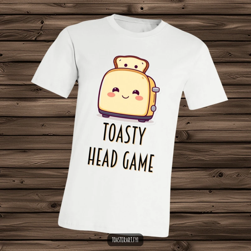 Funny t-shirt depicting a smiling toaster character fashionably wearing toast as a hat, a humorous take on food trends.