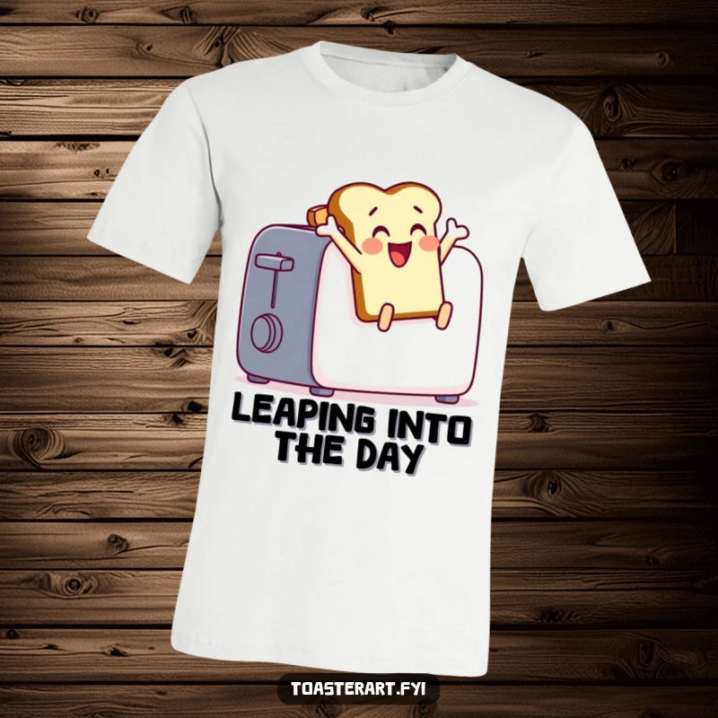 Funny toast character leaping excitedly from a toaster, a humorous and energetic t-shirt design.