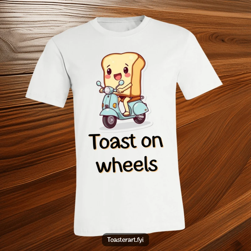 Funny t-shirt graphic of a slice of toast character joyfully riding a miniature scooter, embodying speed and breakfast fun.