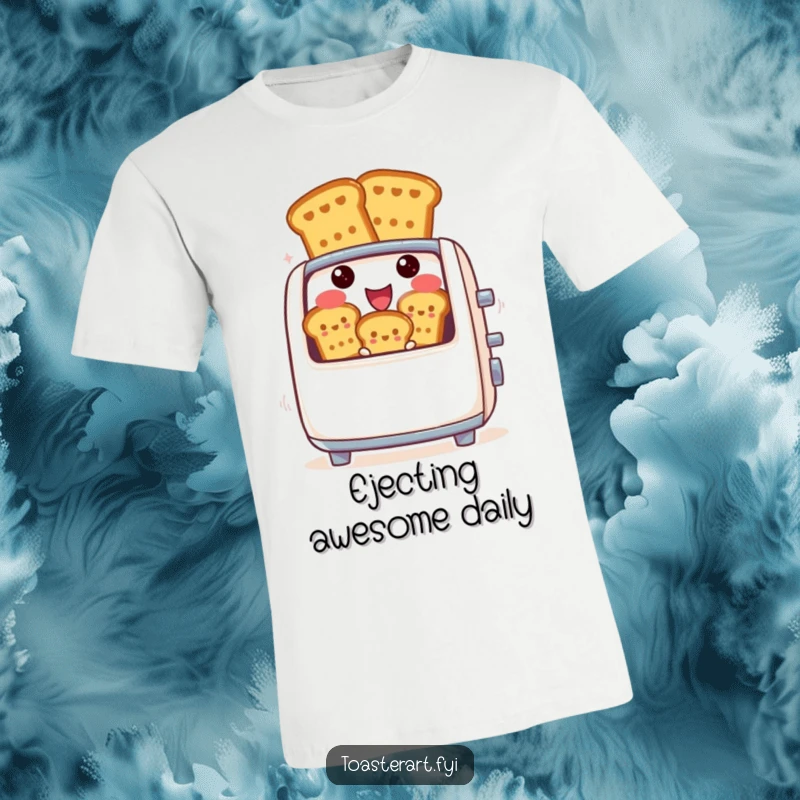 Funny t-shirt featuring a cheerful toaster character mid-ejection, sending out perfectly browned toast figures with a smile.