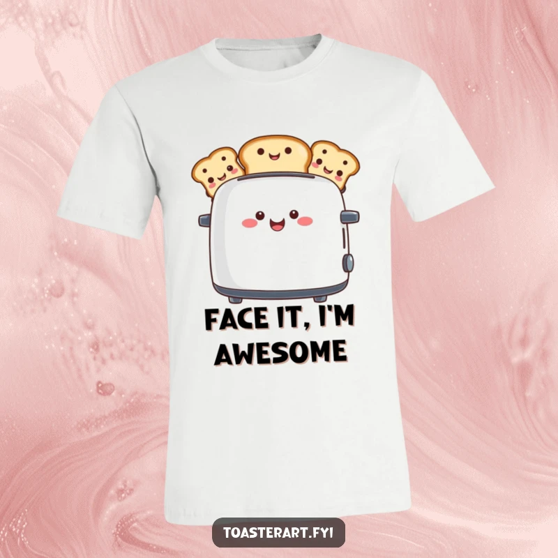 Funny T-shirt depicting a cheerful toaster character ejecting comical toast slices with various funny faces, pure breakfast fun.