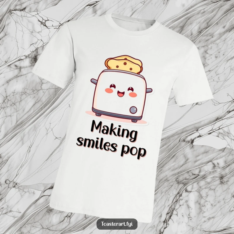 Funny toaster t-shirt with a happy character popping up toast shaped like smiles, a cheerful and funny gift.