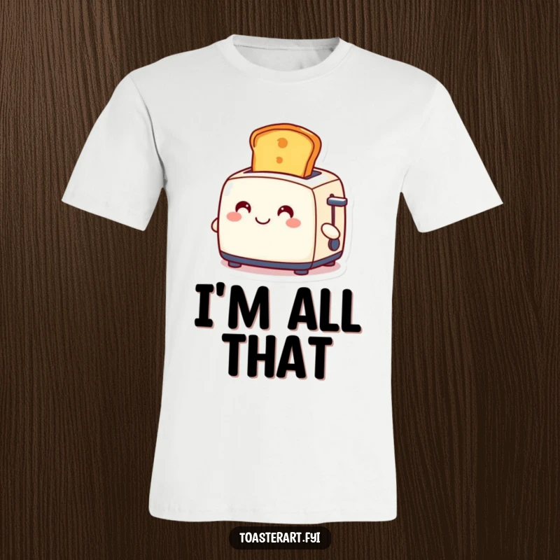 Funny T-shirt depicting a cheerful toaster character ejecting a beautifully golden slice of toast, a symbol of breakfast perfection.