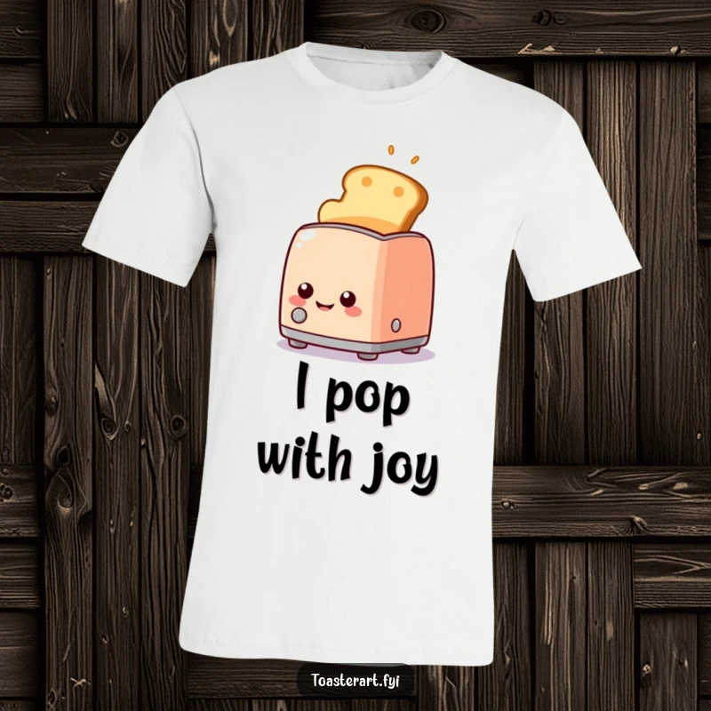 Funny cheerful toaster character ejecting golden toast with a big smile on a t-shirt, radiating breakfast happiness.