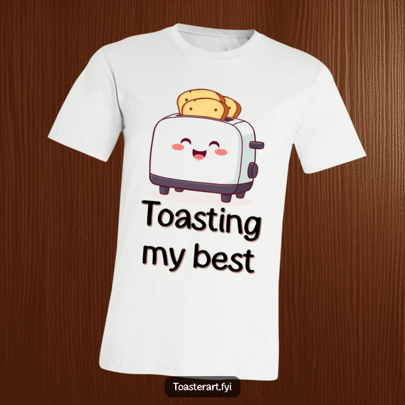 Funny smiling toaster character toasting several bread slices simultaneously, a joyous and funny t-shirt.