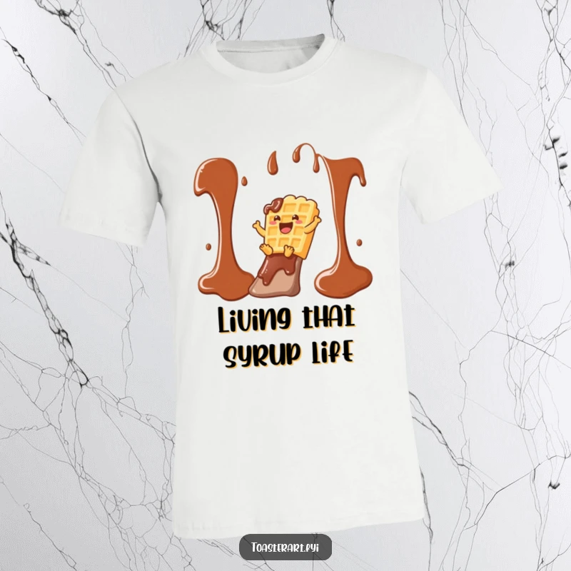 Funny waffle character gleefully sliding down a chocolate syrup slide on this t-shirt, a playful and delicious cartoon.