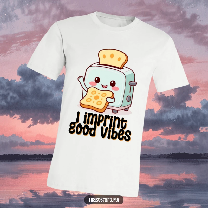 Funny t-shirt depicting a cheerful toaster character creating art by toasting patterns onto bread, celebrating breakfast creativity.