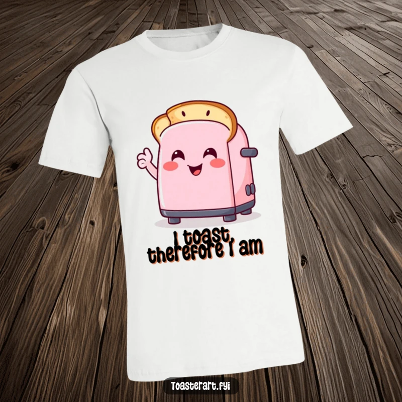Funny t-shirt showcasing a happy toaster character enthusiastically drawing a smiley face on toast, perfect for breakfast lovers.