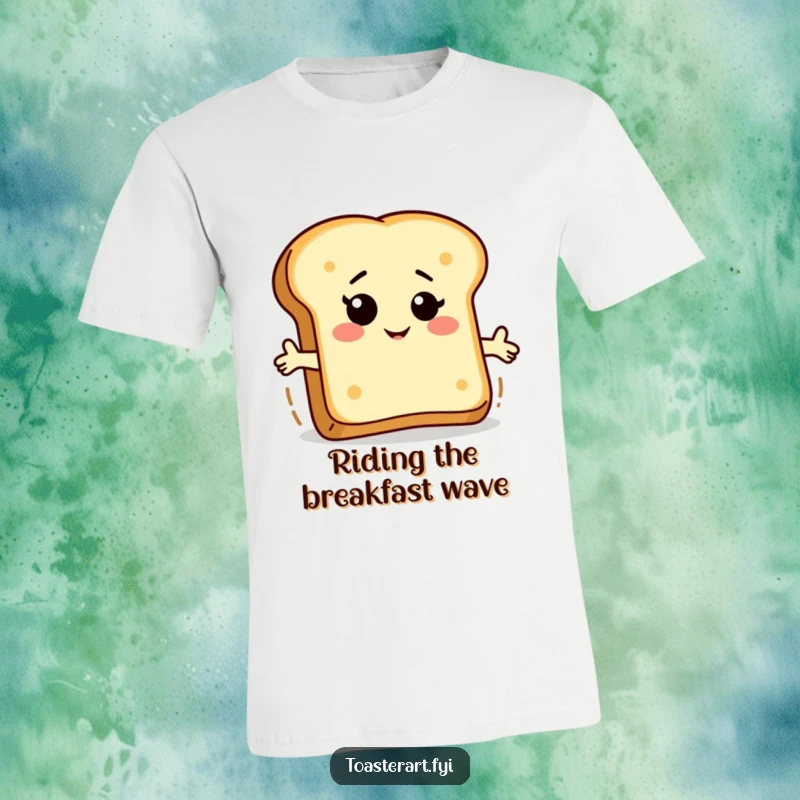 Funny bread slice t-shirt featuring a winking character riding a piece of toast, symbolizing a fun and adventurous breakfast.