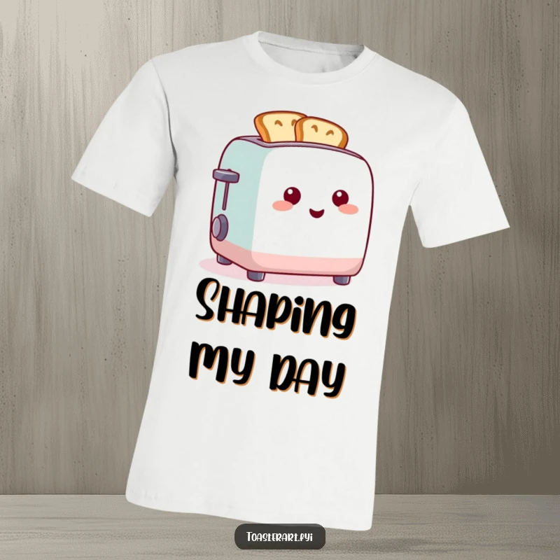 Funny t-shirt graphic of a happy toaster with toast bent into funny shapes, celebrating breakfast creativity.