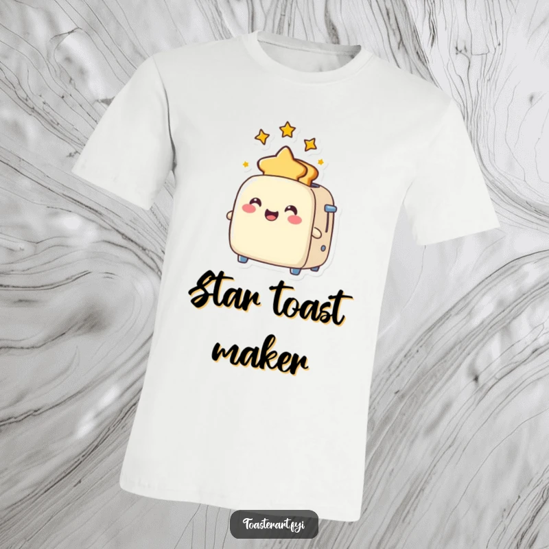 Funny T-Shirt depicting a cheerful toaster character joyfully popping out toast shaped like stars, embodying cosmic breakfast fun.