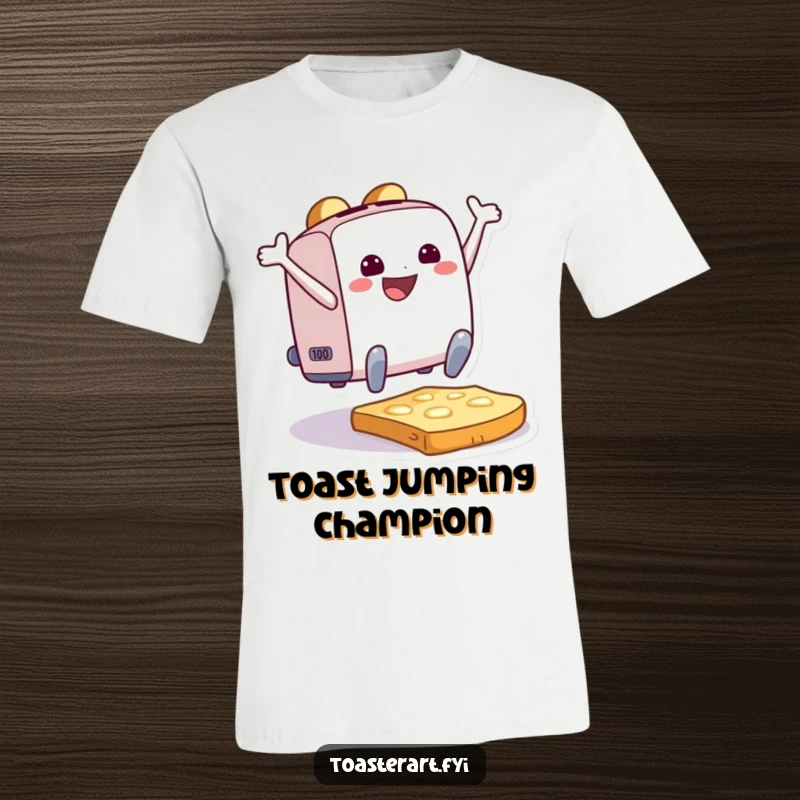 Funny T-Shirt depicting a beaming toaster character joyfully leaping onto a slice of toast, embodying pure excitement and delight.