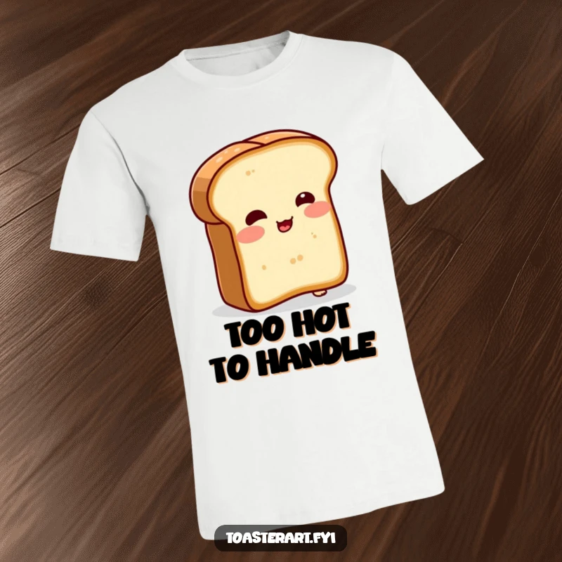 Funny t-shirt depicting a blushing bread slice character comically trying to toast itself. Humorous and relatable apparel.
