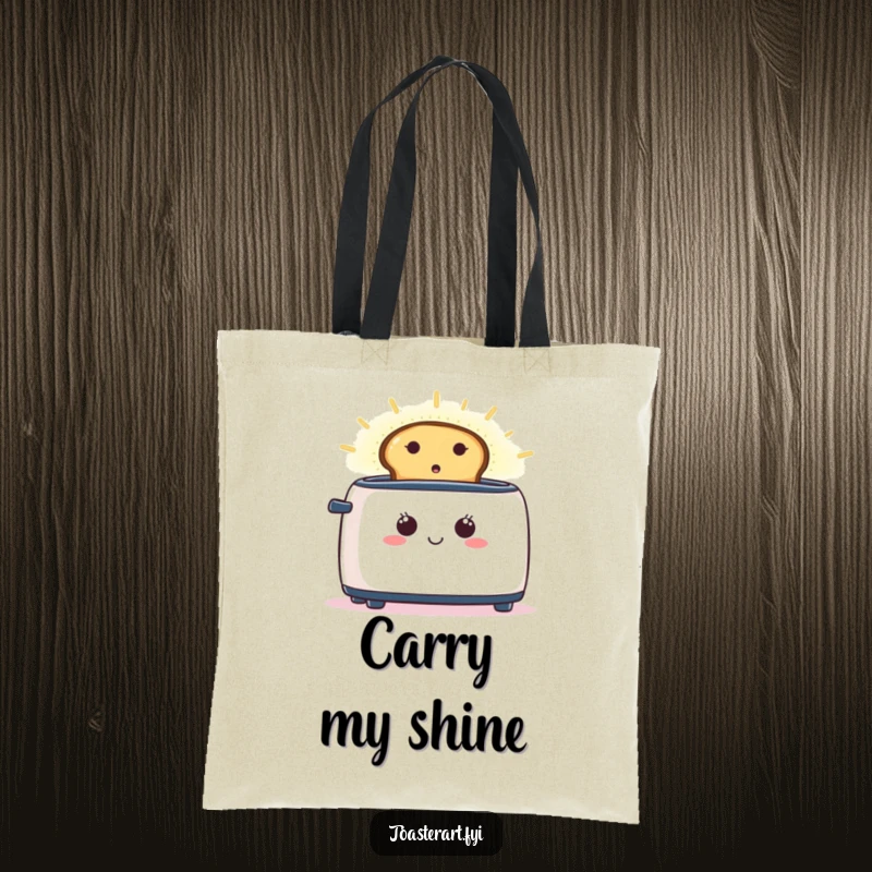 Funny tote bag featuring a happy toaster with toast emitting a radiant, glowing aura of deliciousness.
