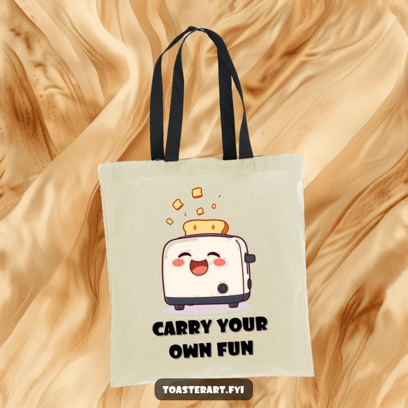Funny Tote Bag showing a toaster character laughing heartily as toast launches out, perfect for carrying humor.