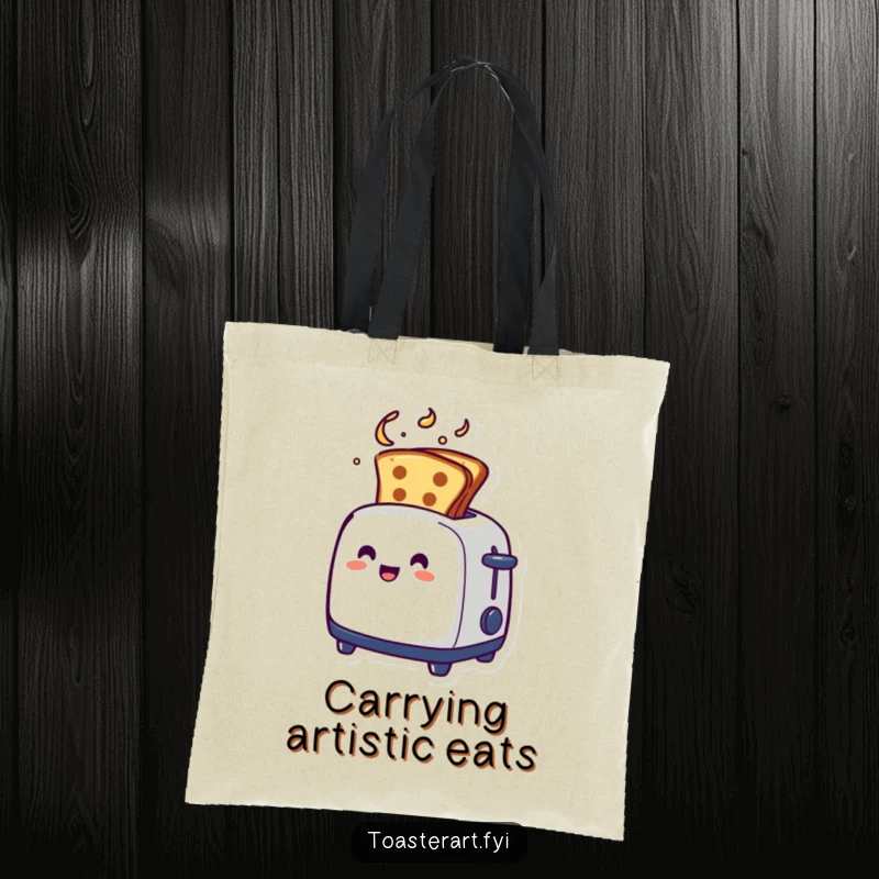 Funny artistic toaster tote bag, with toast emerging in a swirl, a humorous and stylish accessory.