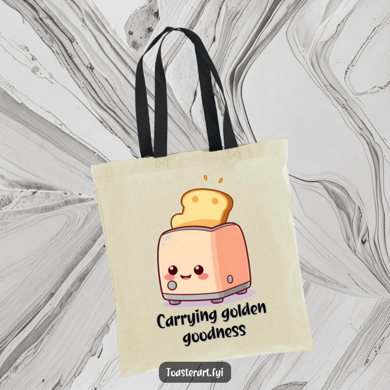 Funny smiling toaster character with golden toast, tote bag design, symbolizing cheerful mornings and delicious snacks.