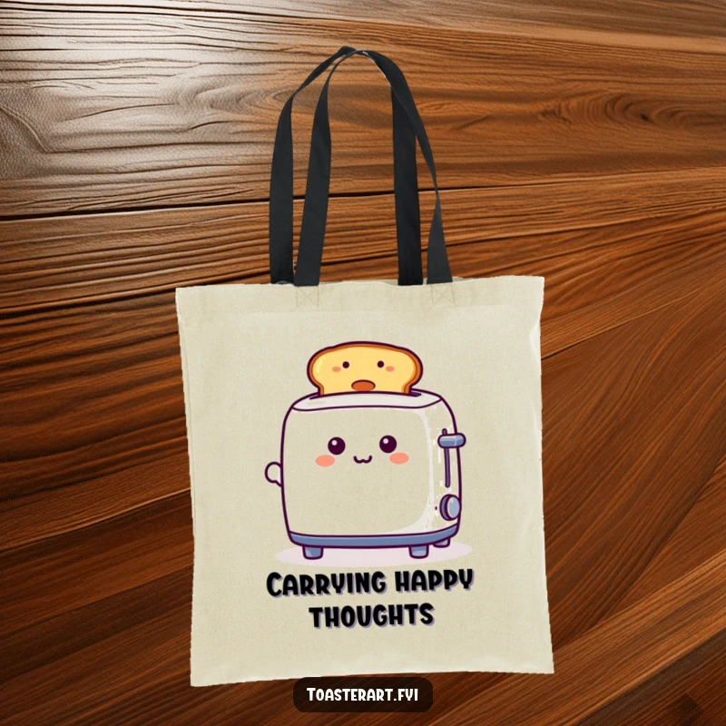 Funny, playful toaster character presenting a toast with a smiley face on a tote bag, perfect for carrying breakfast joy.