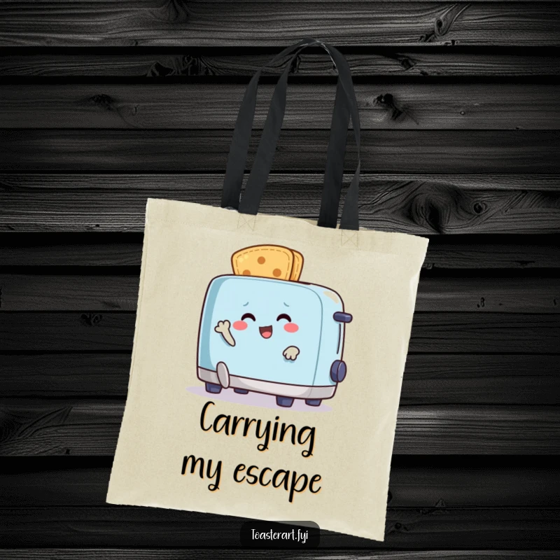 Funny tote bag with a happy crumb character comically running from an animated toaster, great for carrying essentials with morning mayhem.